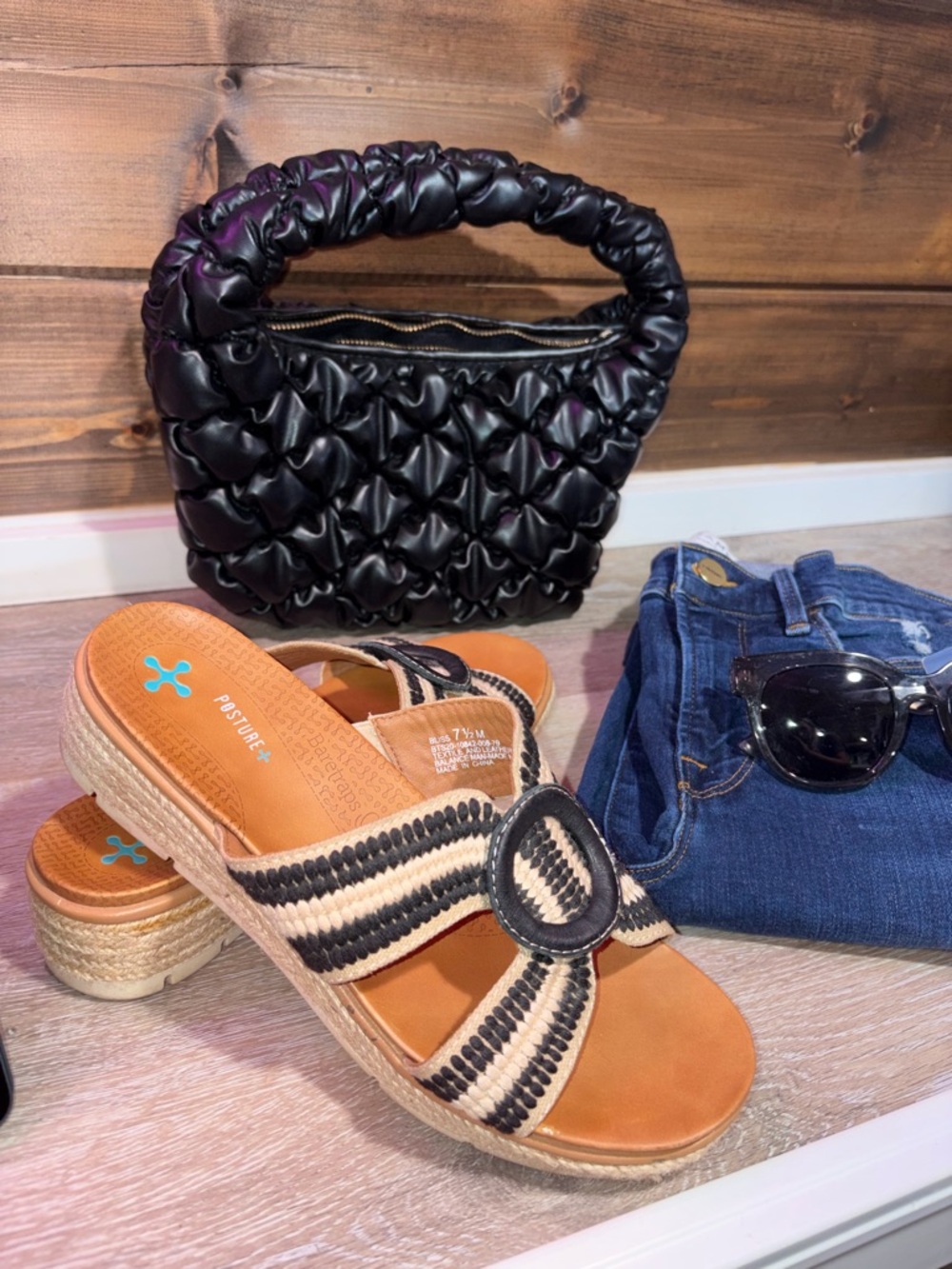 Bare traps posture plus Black and Cream Woven Slide Sandal with Jute Platform